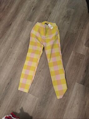 New York & Company Yellow & Pink Checkered Casual Pants